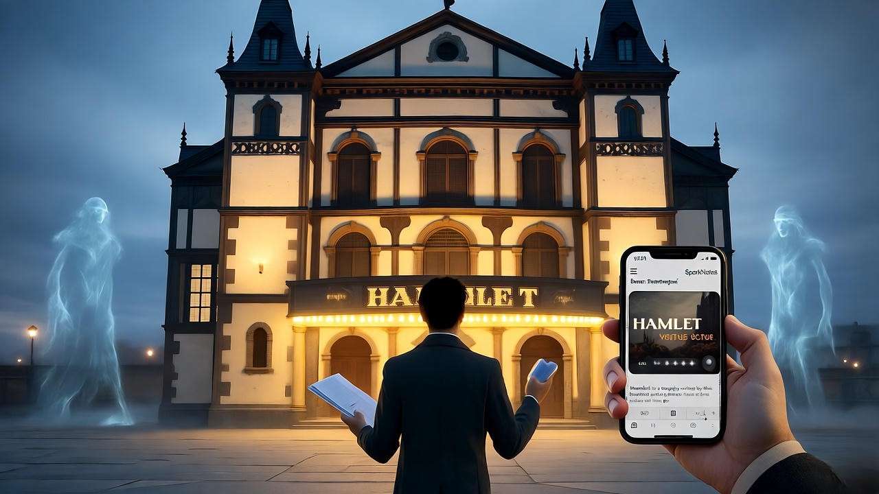 Theatergoer with SparkNotes Hamlet on a smartphone outside an Elizabethan theater, with ghostly figures in the twilight background.