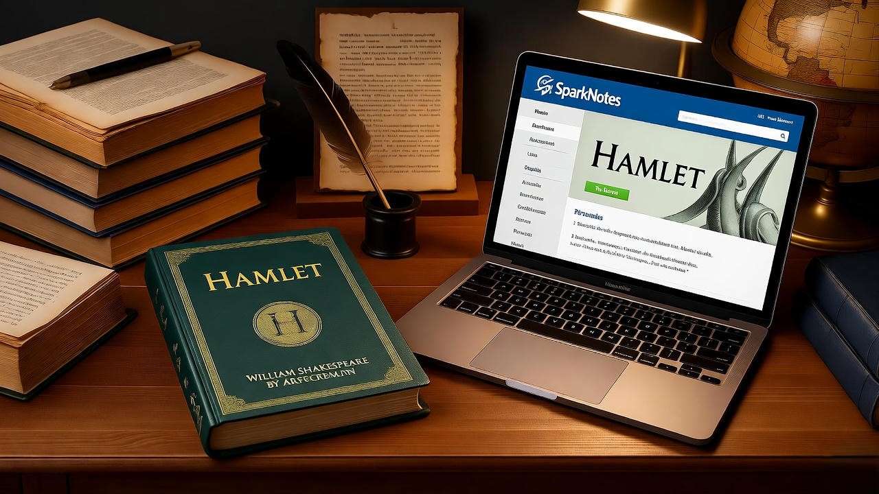 Professor’s study with SparkNotes Hamlet on a laptop, an open book, and manuscripts, evoking scholarly trust and authority.