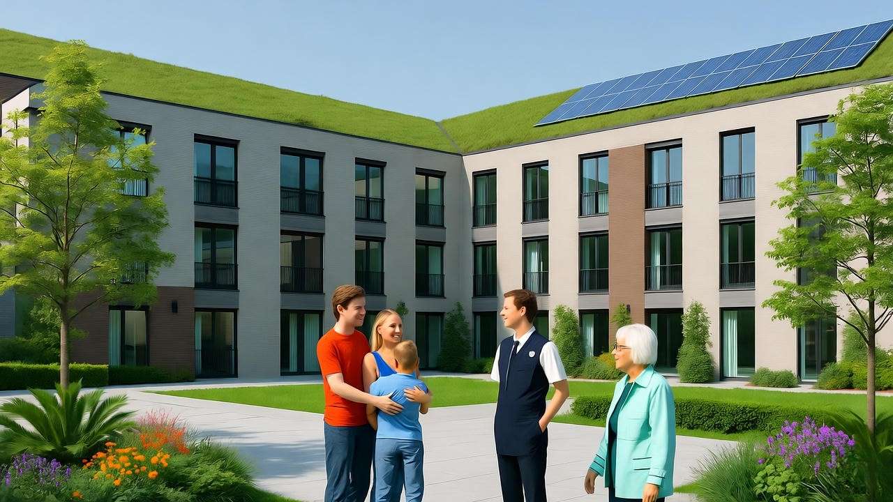 Alt Text: "Diverse residents interacting in front of modern Tower Hamlets Community Housing, showcasing affordable and eco-friendly living."