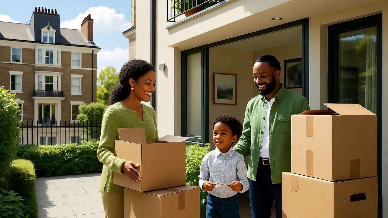 Family moving into affordable Tower Hamlets Community Housing, contrasting with a private rental, highlighting accessibility