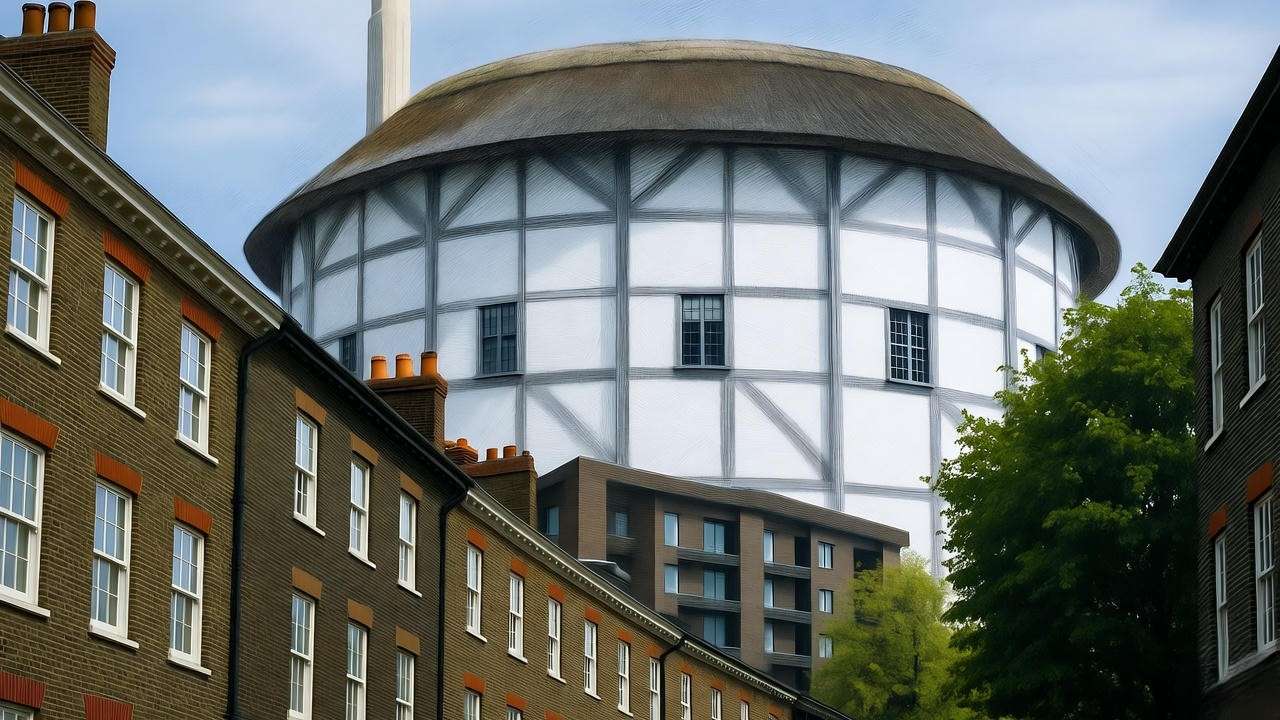 Historic Tower Hamlets street with Shakespearean Globe Theatre overlay, blending heritage with modern community housing