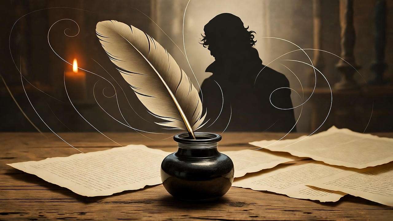 Alt Text: Elizabethan quill and parchment on a candlelit desk with a shadowy Hamlet silhouette, evoking the poetic brilliance of the famous lines of Hamlet.
