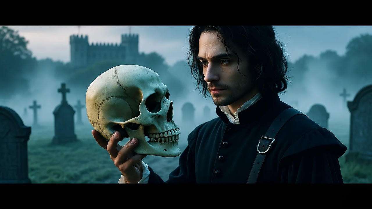 Hamlet holding Yorick’s skull in a moonlit graveyard with tombstones and Elsinore Castle, reflecting the famous lines of Hamlet about mortality