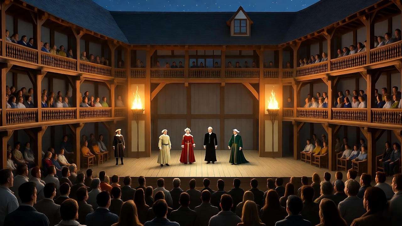 Globe Theatre interior with actors performing Hamlet under torchlight, capturing the Elizabethan context of the famous lines of Hamlet.