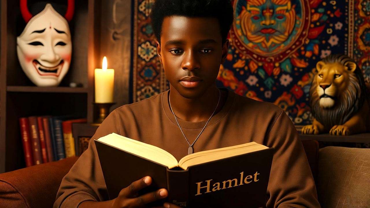 Modern reader in a library with Hamlet, surrounded by Noh mask and lion figurine, reflecting the universal relevance of the famous lines of Hamlet.
