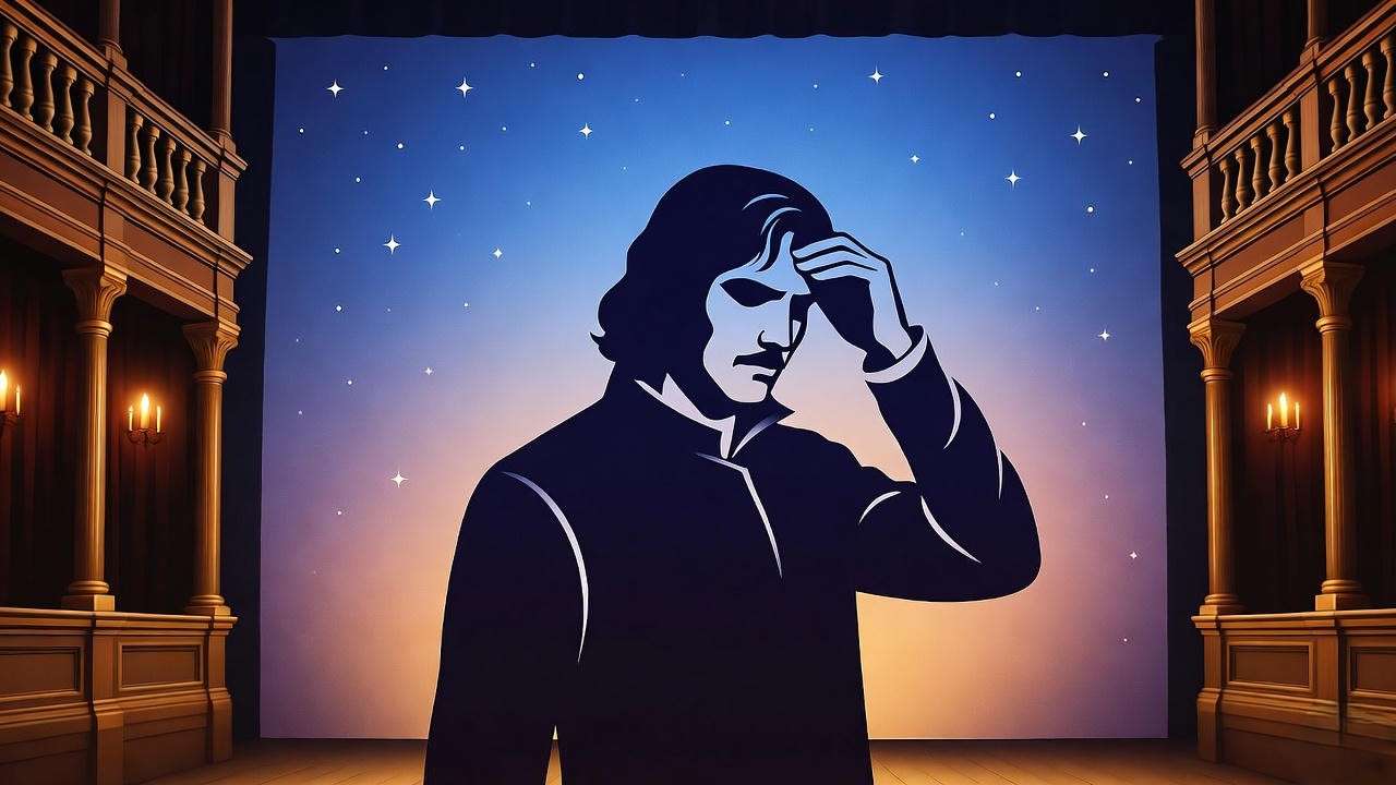 Cinematic 16:9 image of an Elizabethan theater stage with Hamlet’s silhouette under a starry sky, reflecting famous quotes about Hamlet’s historical context