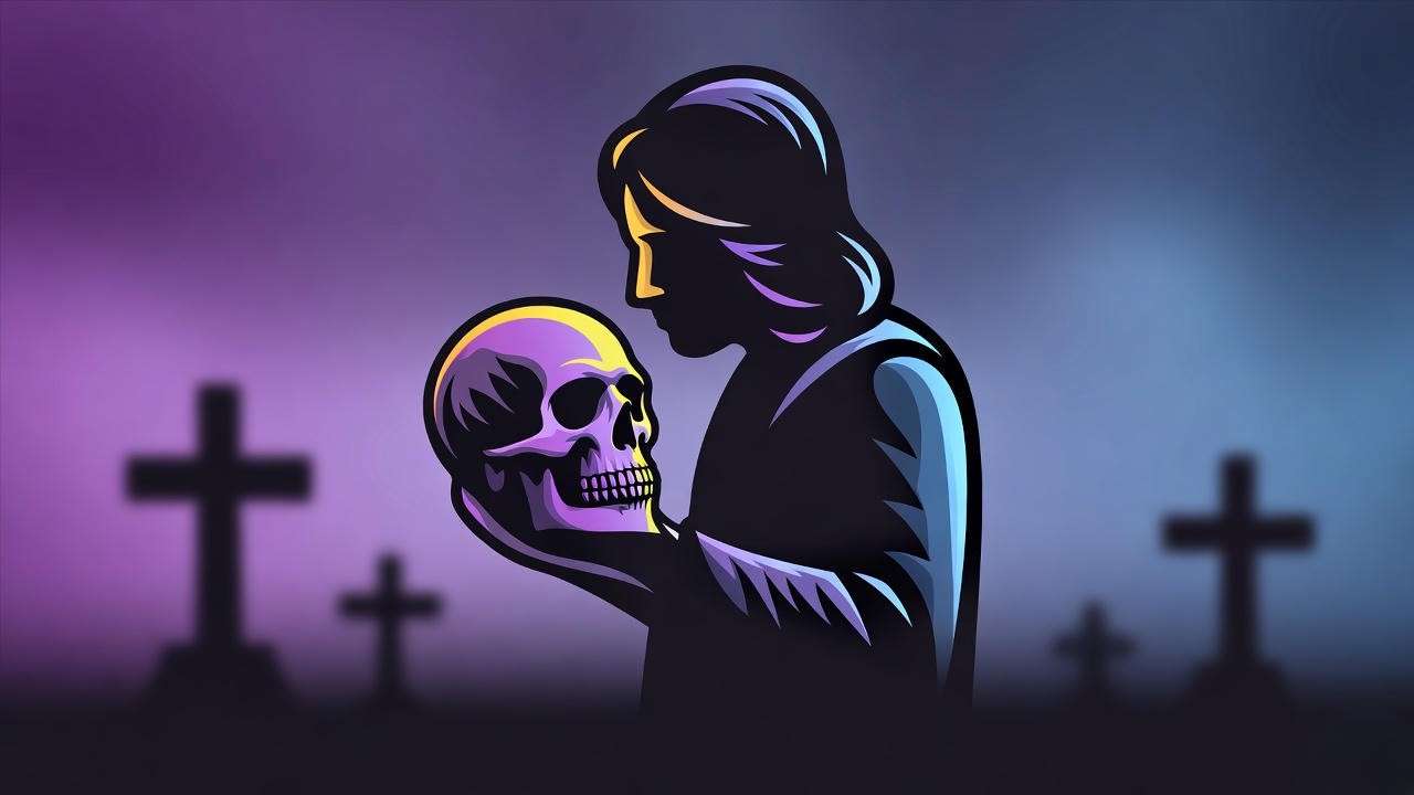 Cinematic 16:9 image of Hamlet with Yorick’s skull in a graveyard, symbolizing famous quotes about Hamlet’s existential themes