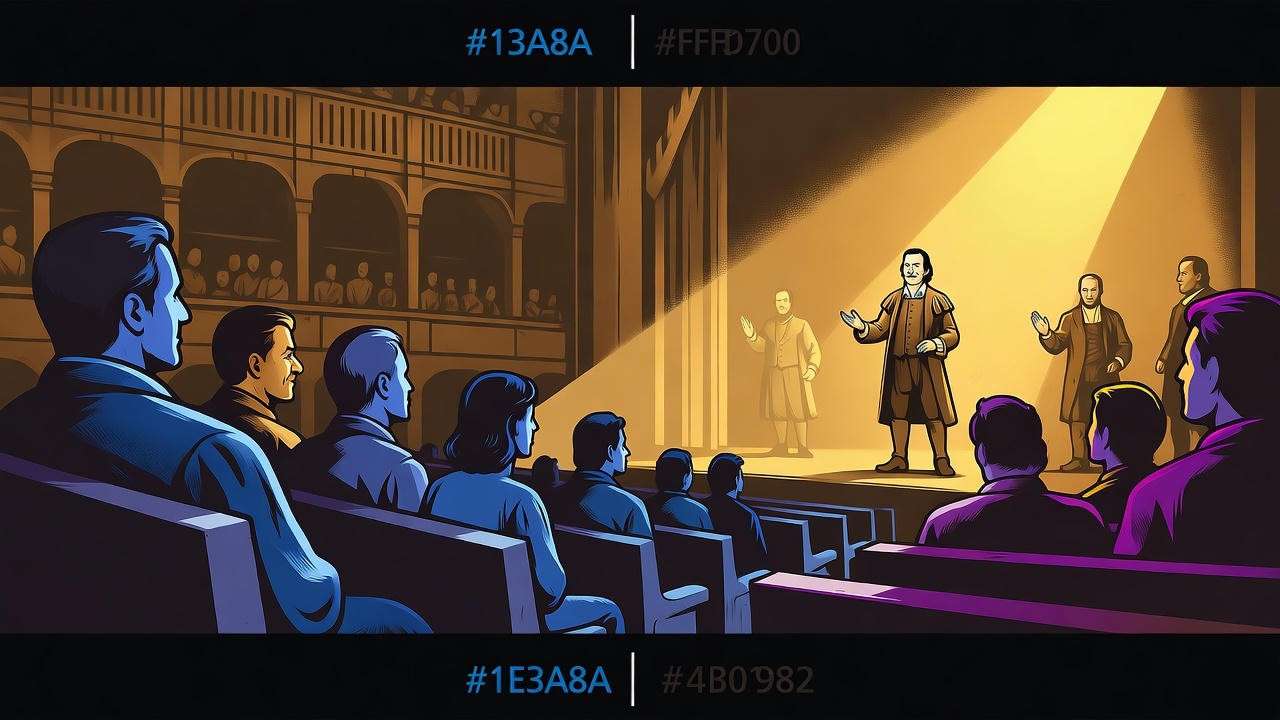 Cinematic 16:9 image of an Elizabethan theater performance of Hamlet, illustrating the context of famous quotes about Hamlet.