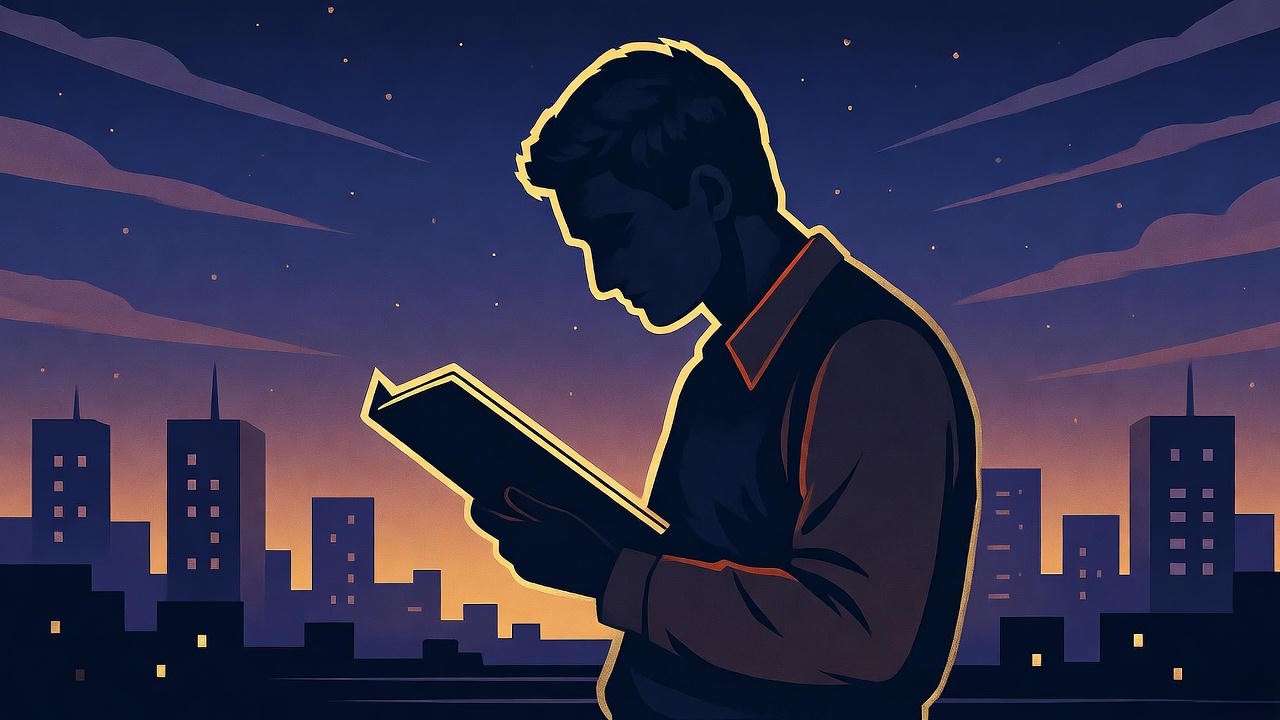 modern city with a person reading, reflecting famous quotes about Hamlet’s wisdom in daily life