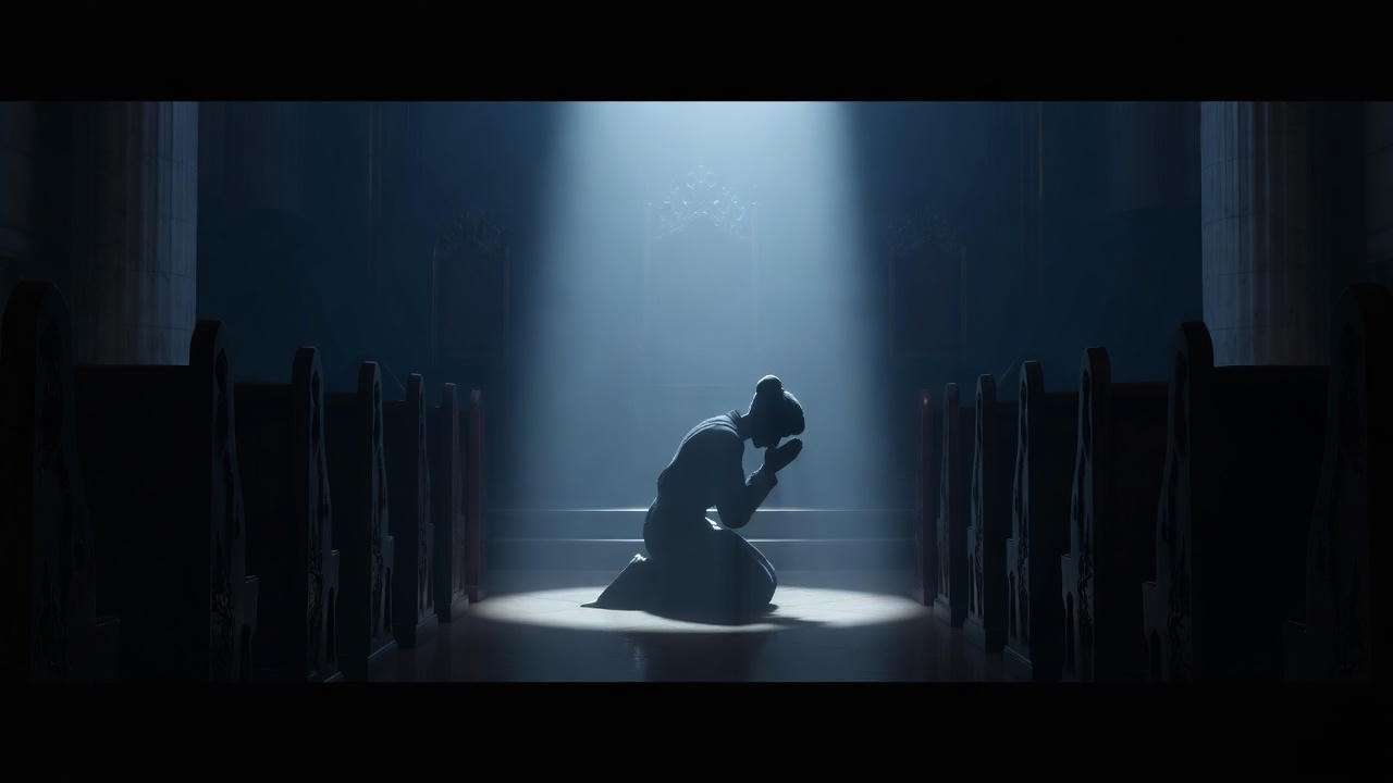 Shadowy chapel with kneeling figure representing Claudius in Hamlet Act 3 Scene 3, symbolizing guilt
