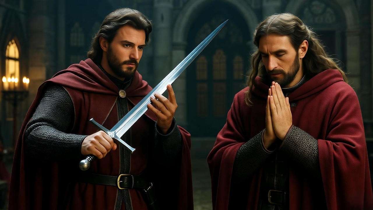 Split scene of Hamlet hesitating with sword and Claudius praying in Hamlet Act 3 Scene 3, symbolizing revenge and morality.