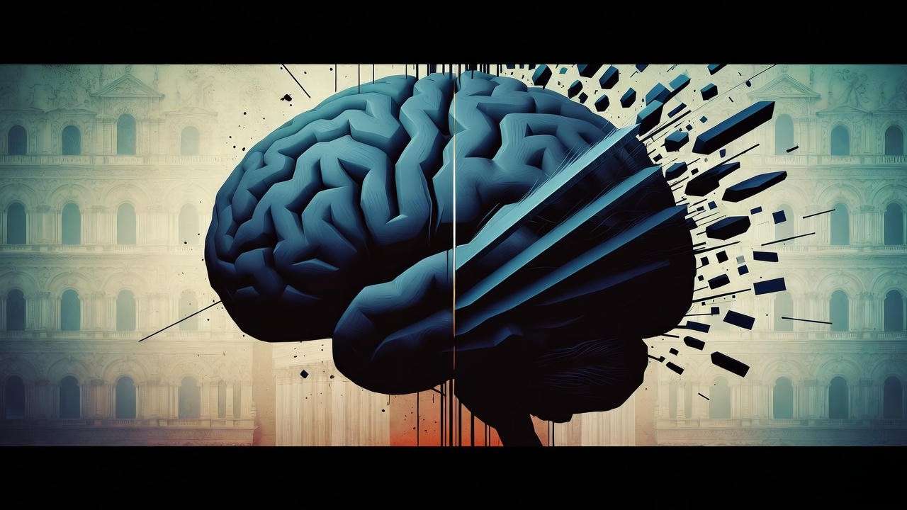Abstract fractured mind representing Claudius and Hamlet's dilemmas in Hamlet Act 3 Scene 3.