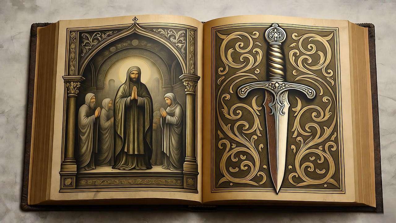 Illuminated manuscript of prayer and sword from Hamlet Act 3 Scene 3, reflecting Elizabethan context