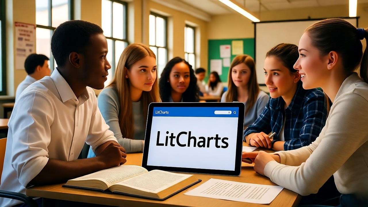 Modern classroom with students using LitCharts for Hamlet Act 3 Scene 3 analysis.