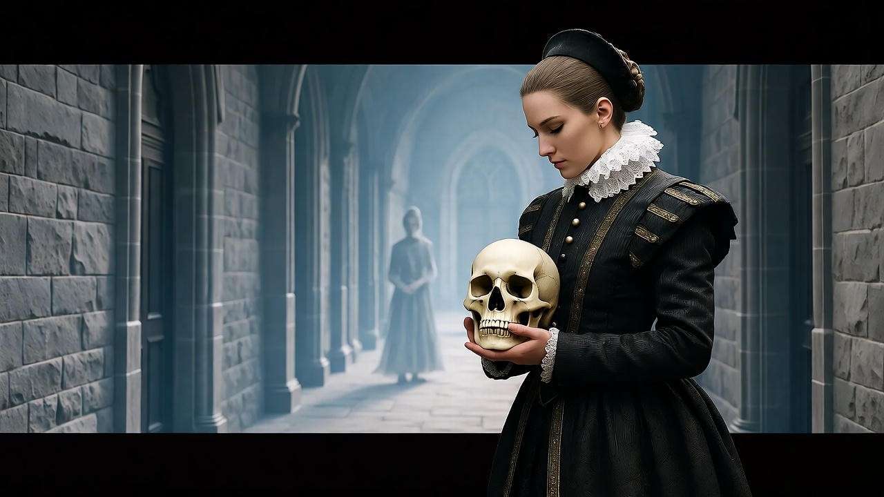 Hamlet delivering To be or not to be soliloquy in a gothic castle with ghostly figure."