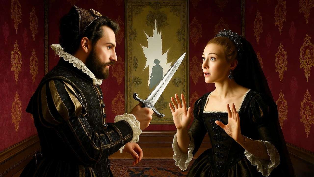 Hamlet confronting Gertrude in closet scene with torn tapestry and Polonius silhouette.