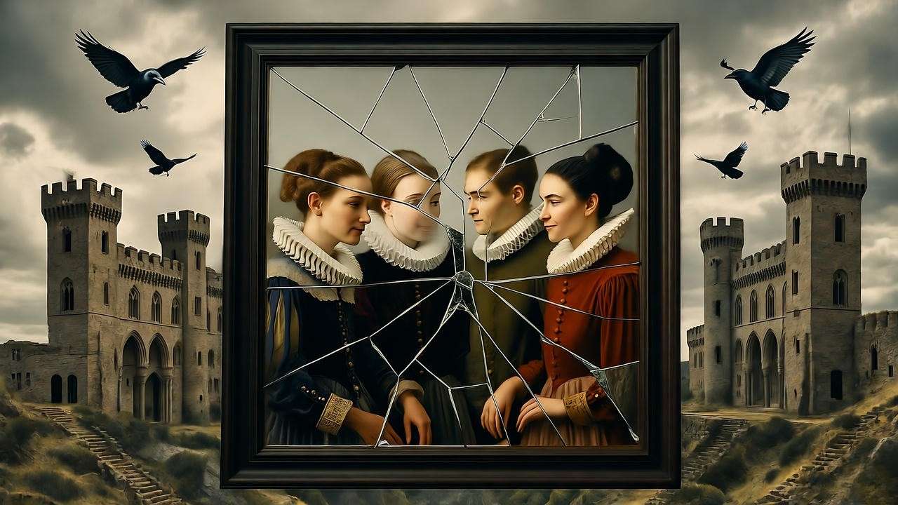 Symbolic fractured mirror reflecting Hamlet Act 3 themes of revenge and betrayal.