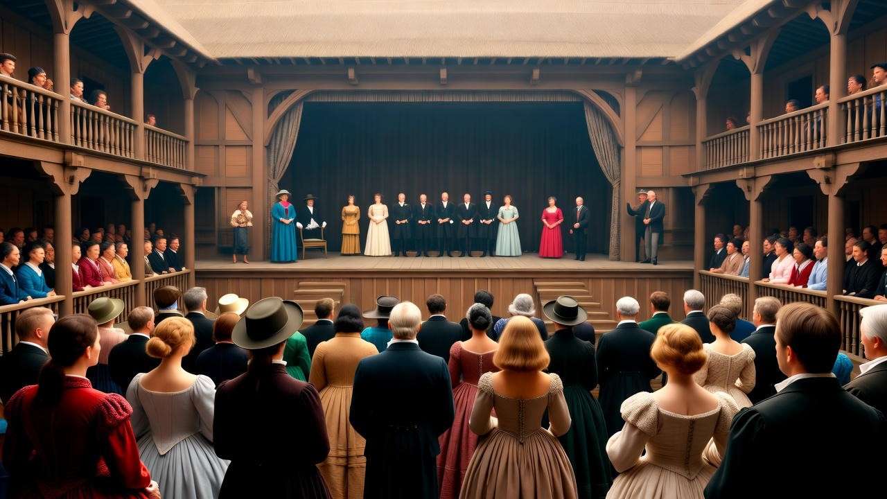 Elizabethan theater scene with audience and Shakespeare overseeing Hamlet Act 3.