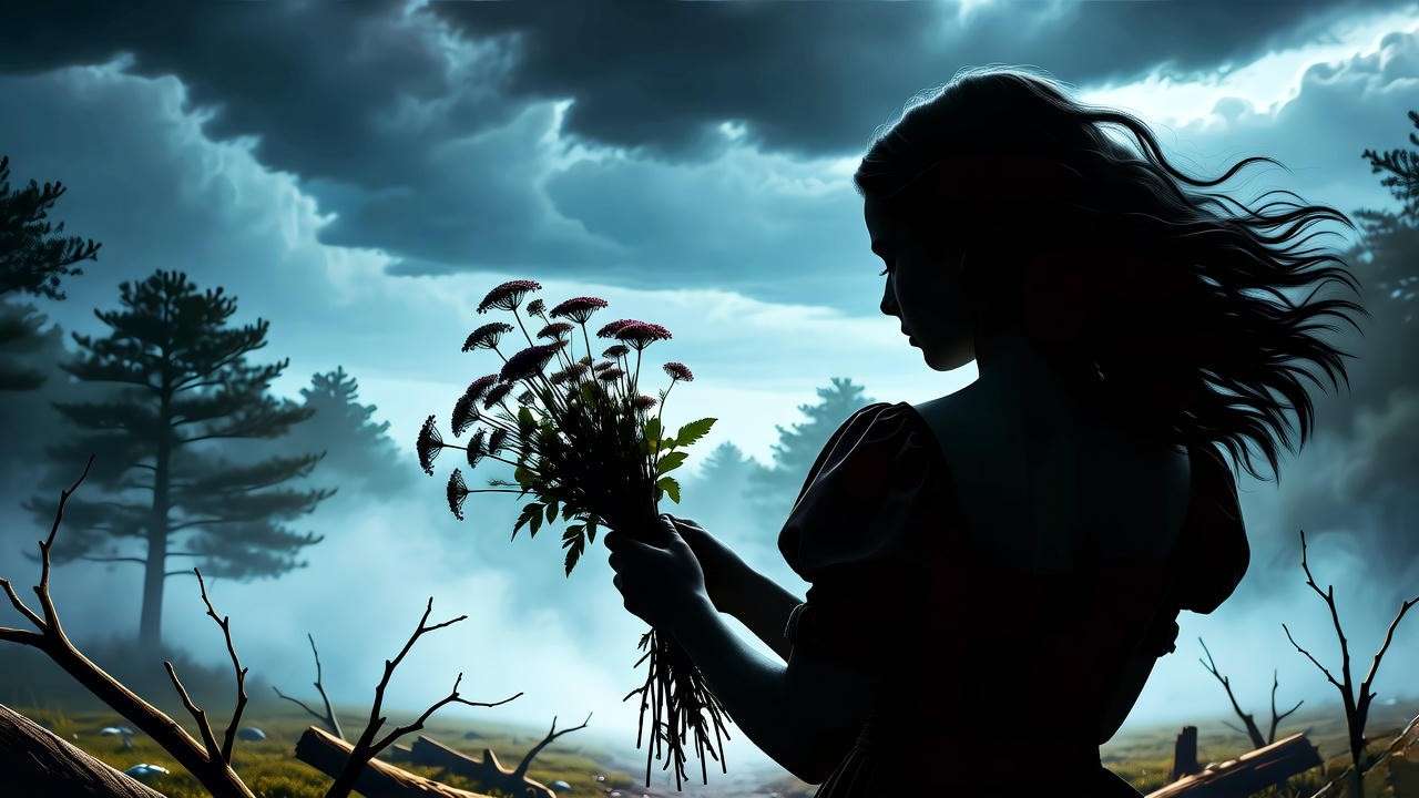 Haunting silhouette of Ophelia in a misty forest, symbolizing madness in Hamlet Act 4, with wildflowers and dark sky.