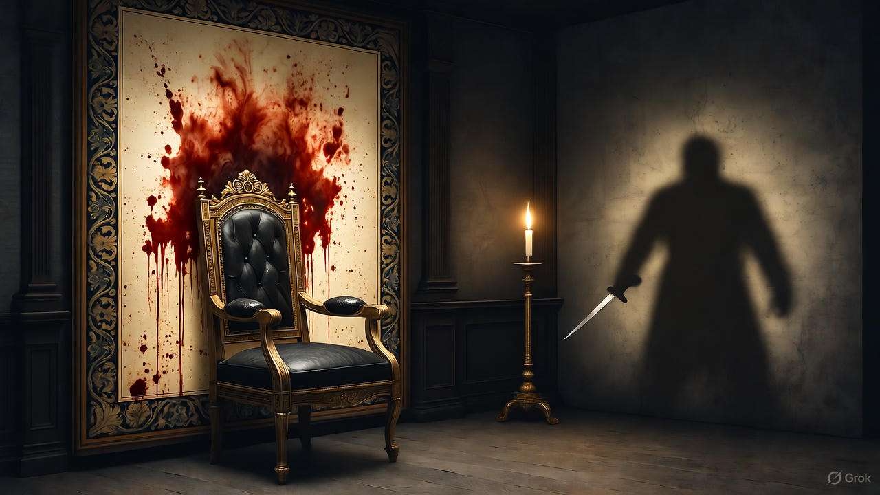 Dramatic scene of Polonius' death in Hamlet Act 4, with blood-stained tapestry and shadowy figure with dagger.