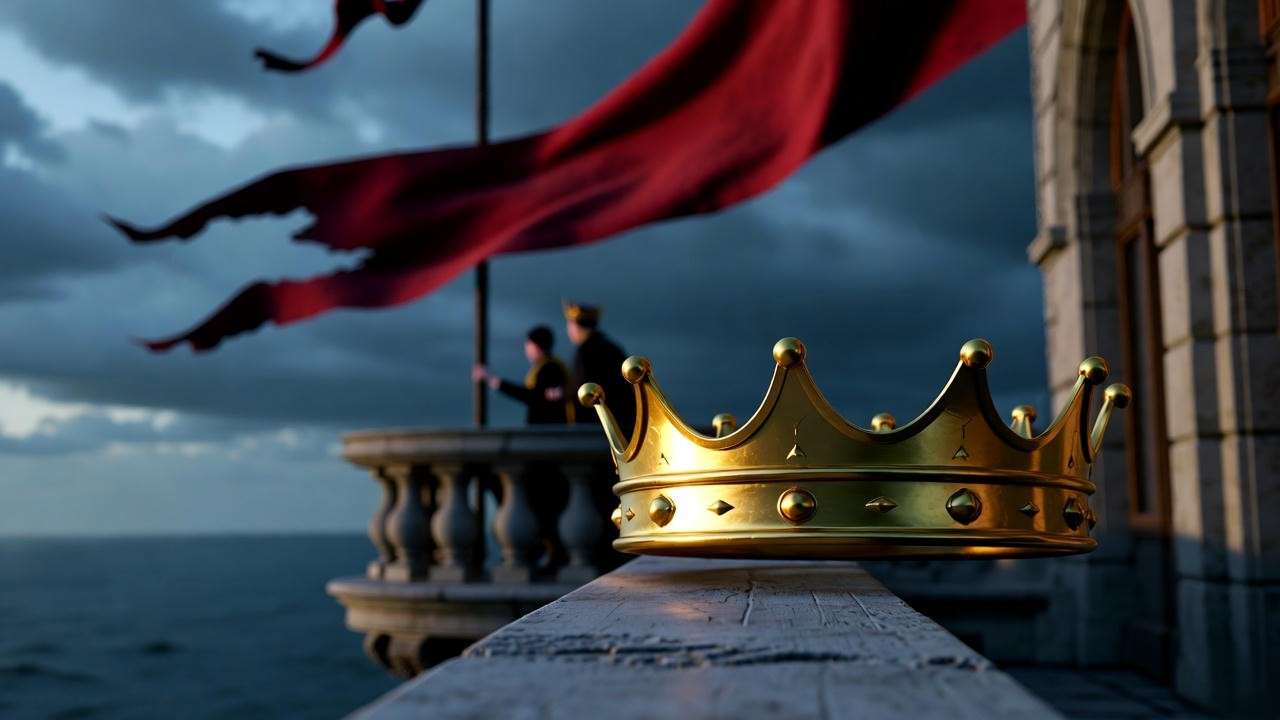 Stormy castle balcony in Hamlet Act 4, showcasing political intrigue with cracked crown and shadowy figures