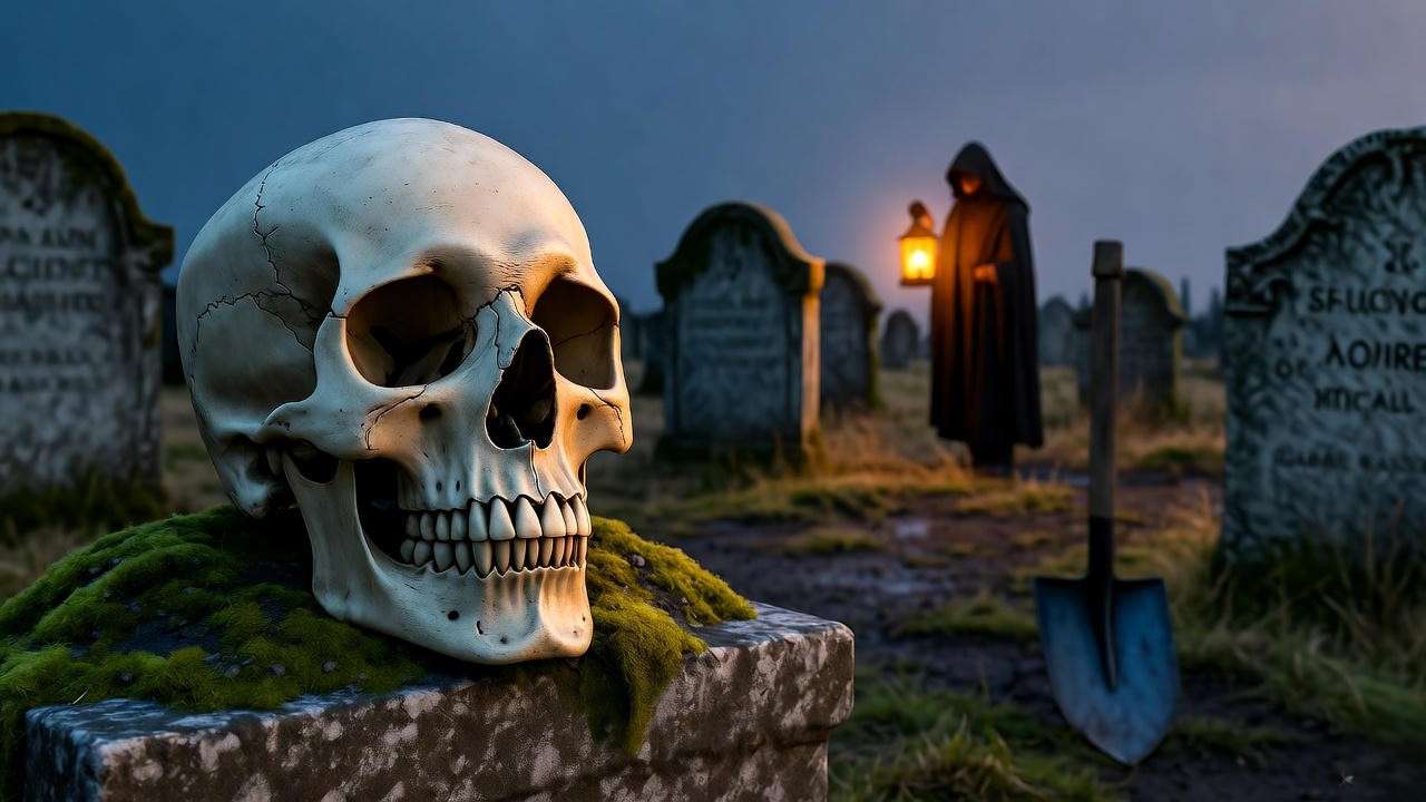 Somber graveyard scene in Hamlet Act 4, with skull on tombstone and cloaked figure with lantern