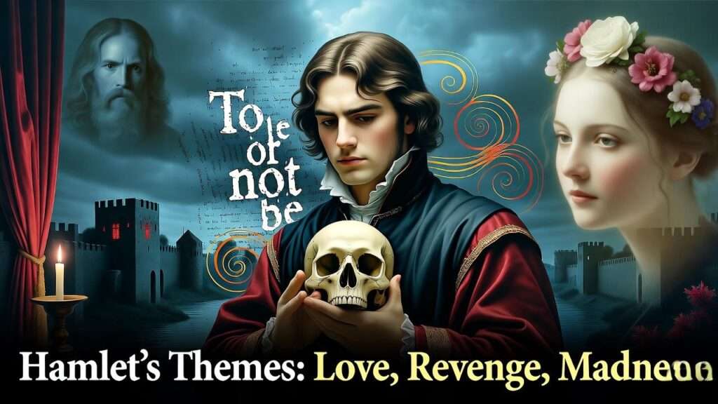 Featured Image Description for "Unveiling Shakespeare's Hamlet Themes" Aspect Ratio: 16:9 (e.g., 1200x675 pixels, ideal for web and social media) Composition: Central Focus: A dramatic, minimalist depiction of Hamlet holding a skull (evoking the iconic “Alas, poor Yorick” scene from Act 5, Scene 1), symbolizing introspection and mortality. Hamlet’s silhouette is slightly shadowed to convey mystery and madness. Background: A moody, Elizabethan-inspired setting, such as a dimly lit castle hall with stone walls or a stormy night sky, reflecting the play’s dark, brooding tone. Subtle red and gold accents (e.g., a velvet curtain or candlelight) nod to love and royalty, tying into the themes. Foreground Elements: Include symbolic imagery to represent the article’s core themes: Love: A faint, ethereal image of Ophelia with flowers (referencing her Act 4, Scene 5 madness scene) in one corner. Revenge: A ghostly figure of King Hamlet in the background, subtly glowing to suggest the supernatural drive for vengeance. Madness: Swirling, abstract patterns or fractured text (e.g., “To be, or not to be”) around Hamlet to evoke psychological turmoil. Text Overlay: A clean, bold title in a serif font (e.g., Times New Roman or Garamond) reading “Hamlet’s Themes: Love, Revenge, Madness” in white or gold, placed in the lower third for readability. Ensure the text is subtle, not overpowering the image. Color Palette: Deep blues and grays for a moody, dramatic feel, with pops of red (love, passion) and gold (royalty, ambition) to draw the eye. Colors should be vibrant yet balanced for both light and dark website themes. Style: A blend of realistic and painterly aesthetics, resembling a classic oil painting but modernized for 2025 audiences, ensuring visual appeal on Google Discover and social media.