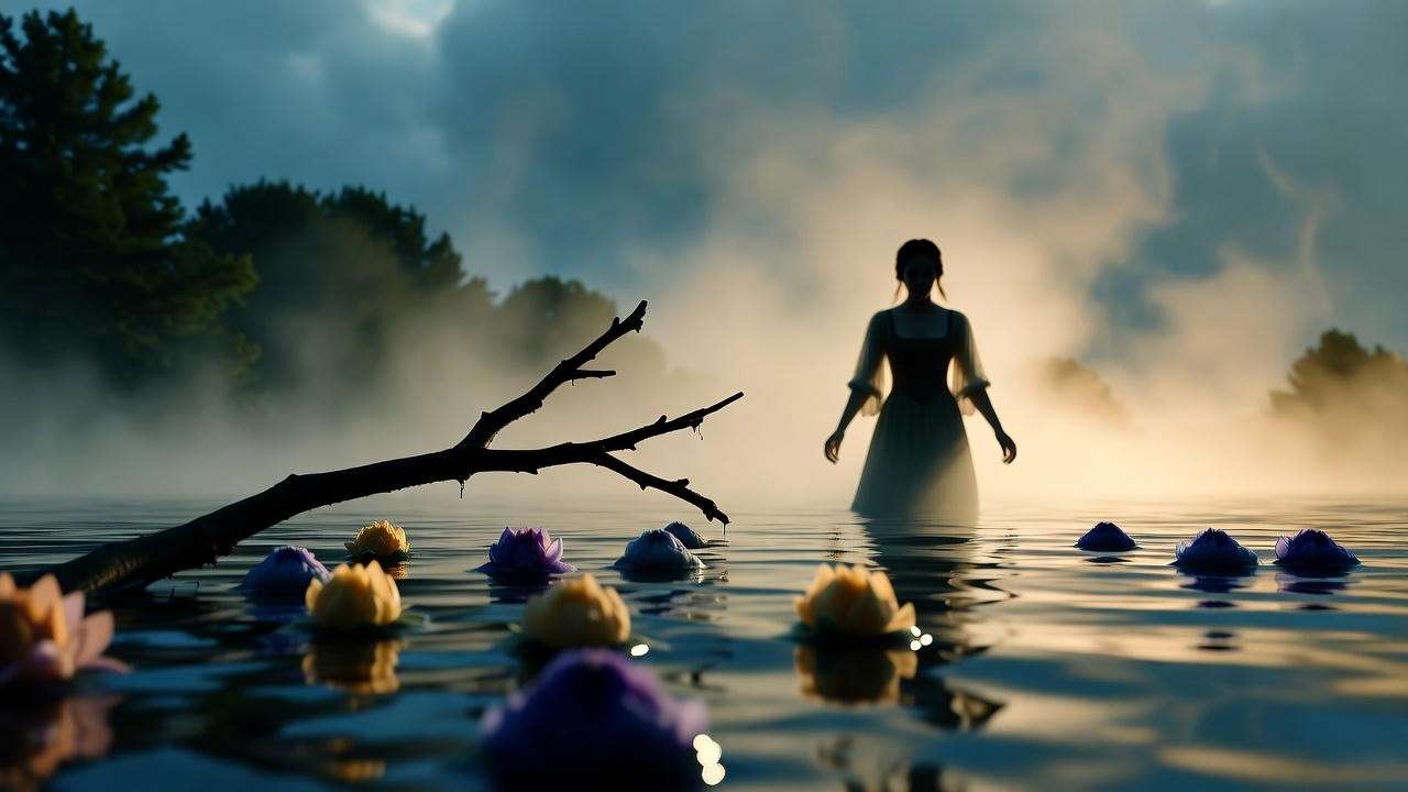Melancholic riverbank scene of Ophelia with floating flowers in Hamlet, symbolizing love and tragedy.