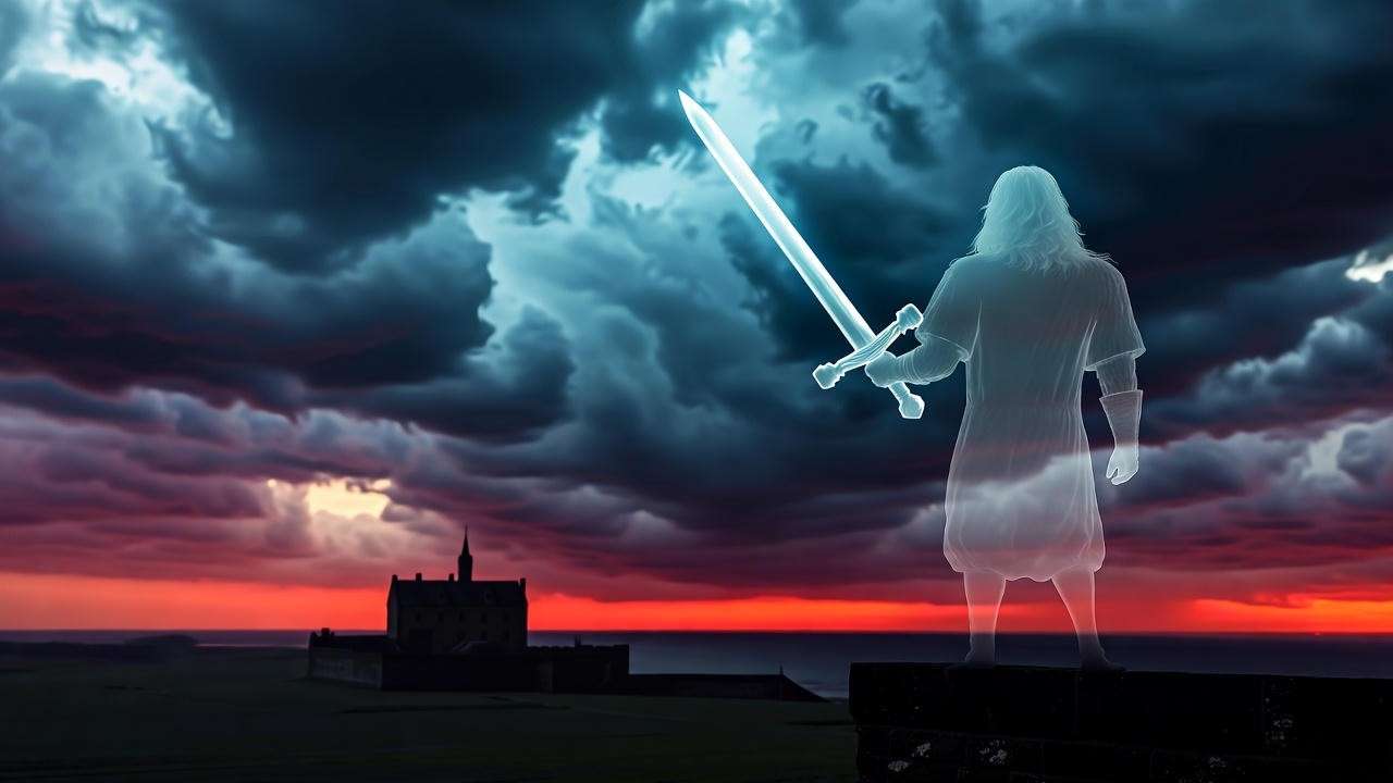 Shadowy castle rampart with ghostly King Hamlet and blood-red horizon, representing revenge in Hamlet.