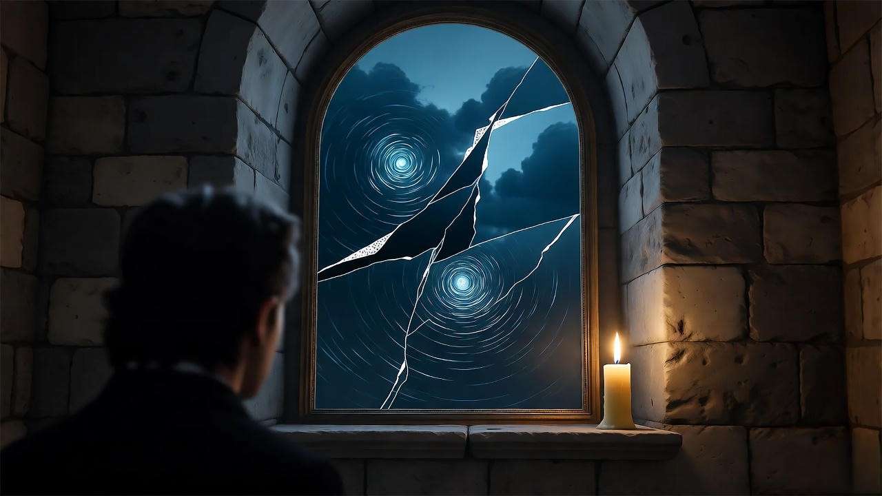 Dimly lit castle chamber with Hamlet and fractured mirror, symbolizing madness in Hamlet.