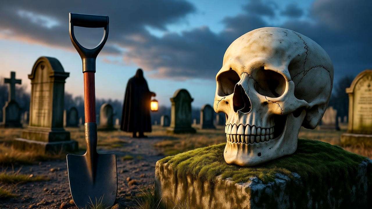 Somber graveyard with skull and cloaked figure, reflecting mortality in Hamlet Act 5