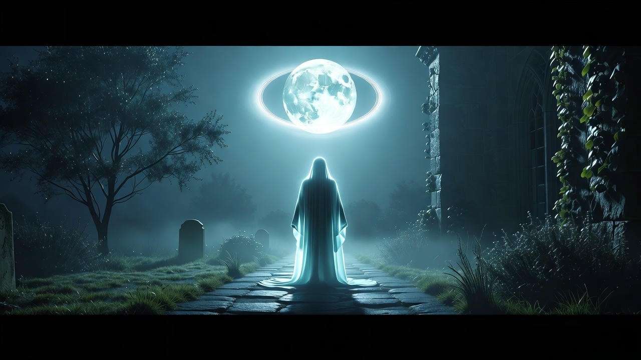 Ethereal Ghost of King Hamlet glowing in pale blue on a misty stone path under a full moon, gothic Elsinore Castle grounds, Shakespearean atmosphere