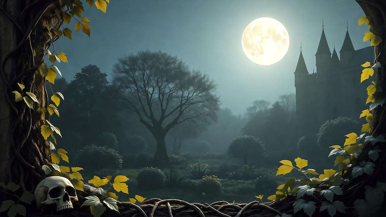 Misty overgrown garden with gnarled trees and vines under a full moon, gothic Elsinore Castle in fog, Shakespearean decay symbolism