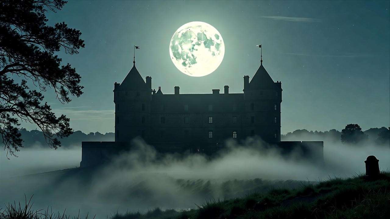 Silhouette of Elsinore Castle with turrets in fog under a full moon, gothic misty landscape, Shakespearean majestic scene