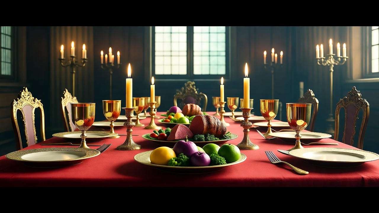 Lavish Elizabethan banquet hall with golden goblets and roasted meats symbolizing Hamlet's kitchen opulence