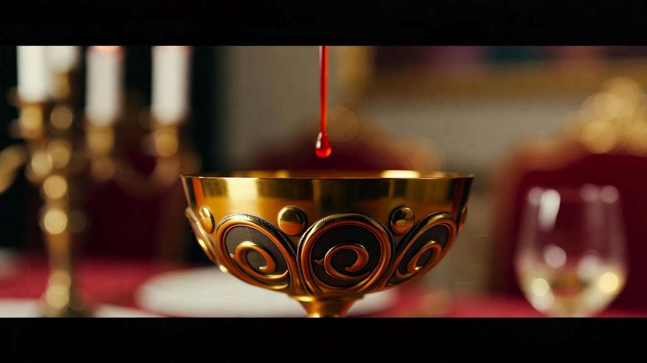 Golden chalice with poisoned wine symbolizing betrayal in Hamlet's kitchen