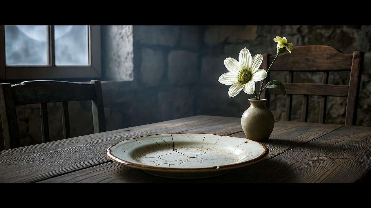 Empty dining table with cracked plate symbolizing starvation in Hamlet's kitchen.