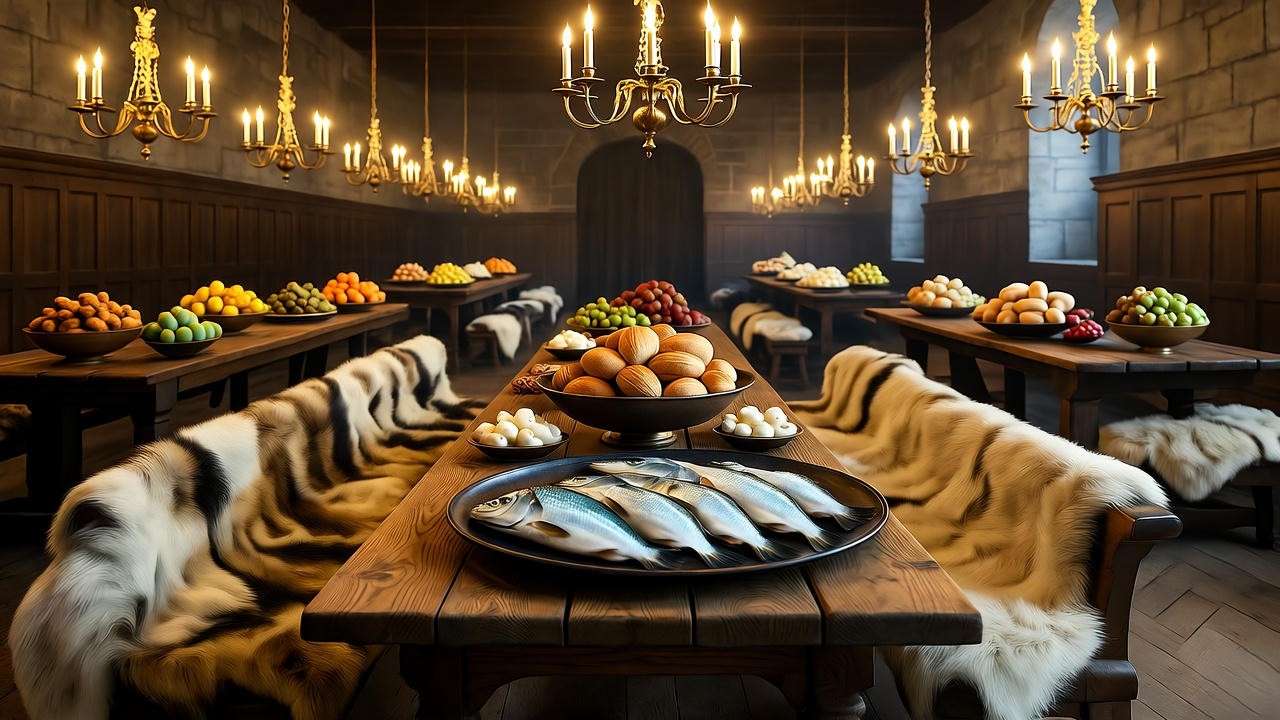 Danish feast with fish and bread reflecting Hamlet's kitchen historical context