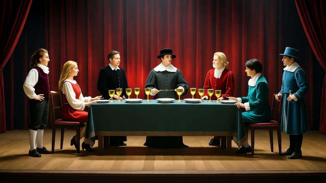 Theater stage with banquet scene props symbolizing Hamlet's kitchen in modern productions