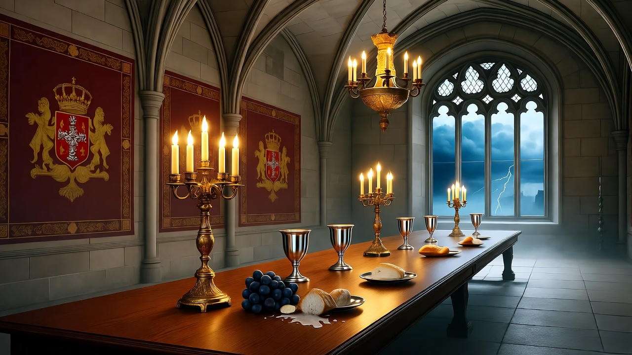 Elsinore Castle’s great hall in Hamlet Act 1 Scene 2, with opulent tapestries, a feast-laden table, and a stormy sky, highlighting the setting’s dramatic tension.