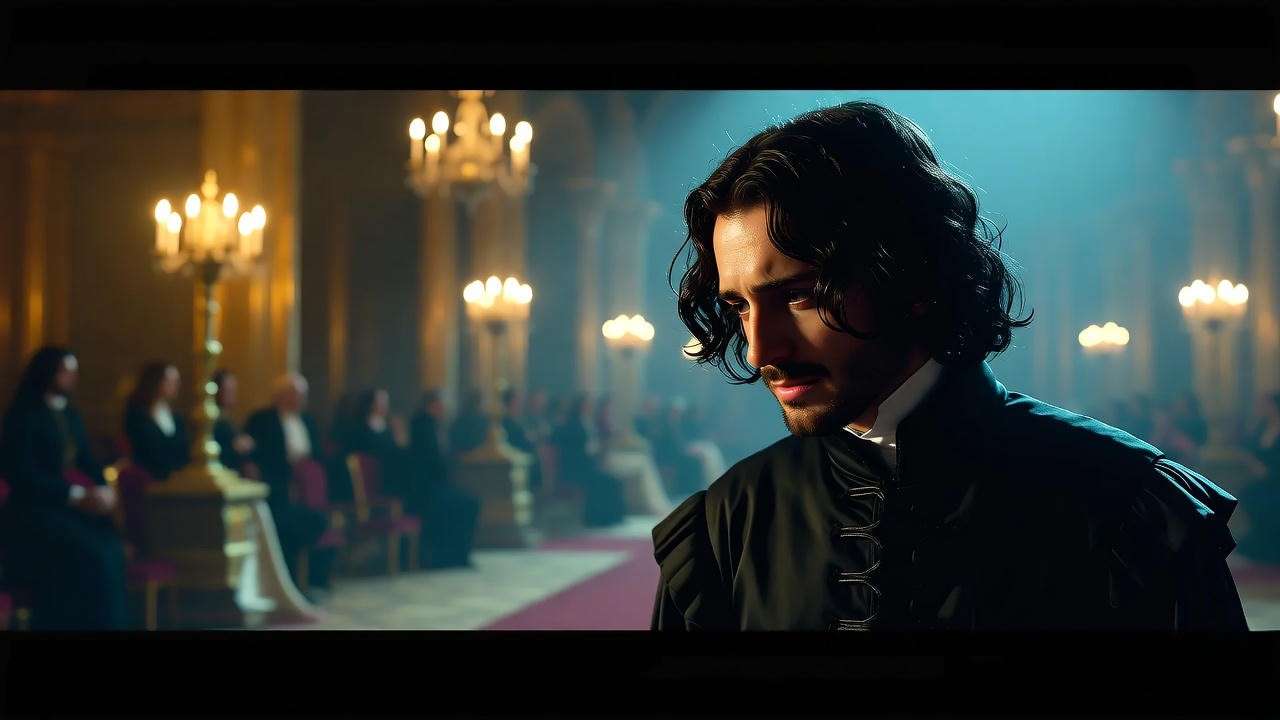 Hamlet isolated in Elsinore’s great hall in Hamlet Act 1 Scene 2, in black mourning attire with cool blue shadows, highlighting psychological tension.