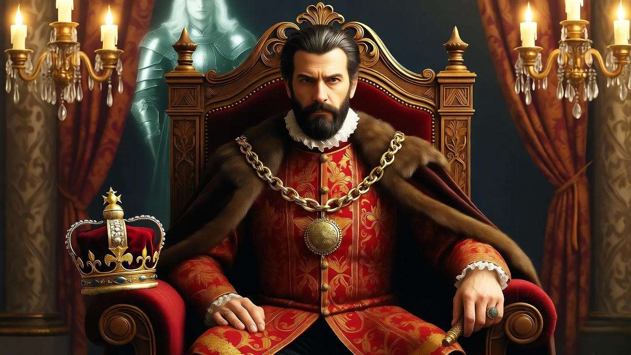 Claudius on throne with cracked crown in Hamlet Act 1 Scene 2, with ghostly silhouette and opulent hall, symbolizing power and corruption.