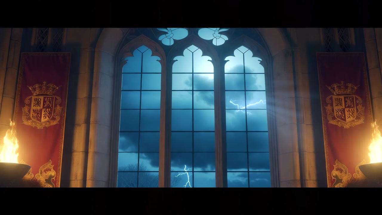 Stormy Danish sky through Elsinore’s window in Hamlet Act 1 Scene 2, with tapestries and torchlight, reflecting temporal tension