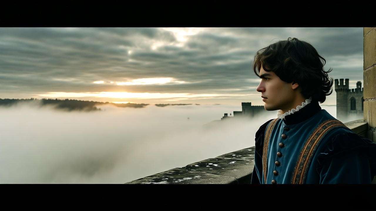 Dramatic image of a young man in Elizabethan attire pondering on a castle balcony with a stormy sky, symbolizing Hamlet's age mystery