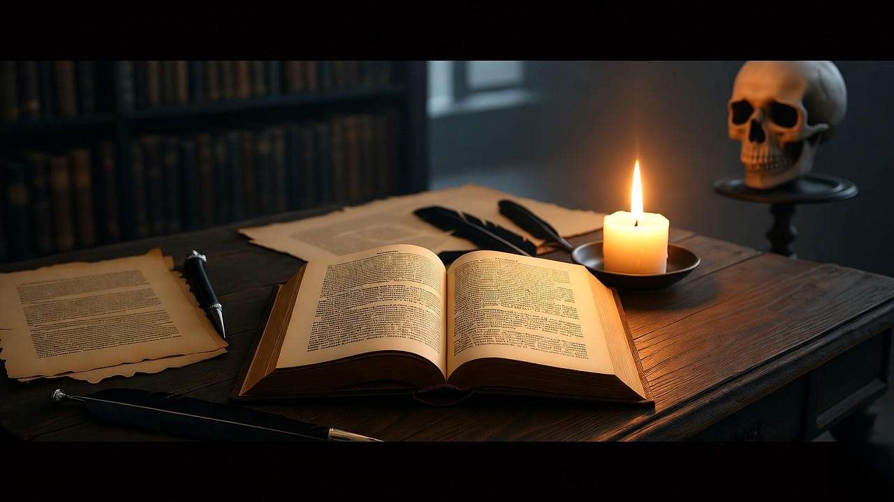 Moody library scene with an open Shakespeare book and a shadowy figure holding a skull, representing textual clues about Hamlet's age