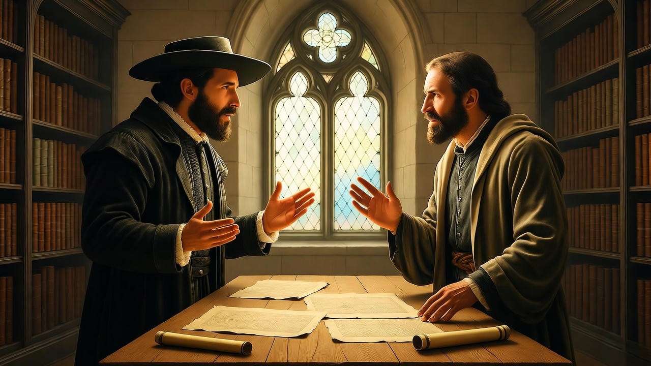 Scholars in period costumes debating over manuscripts, illustrating scholarly interpretations of Hamlet's age.