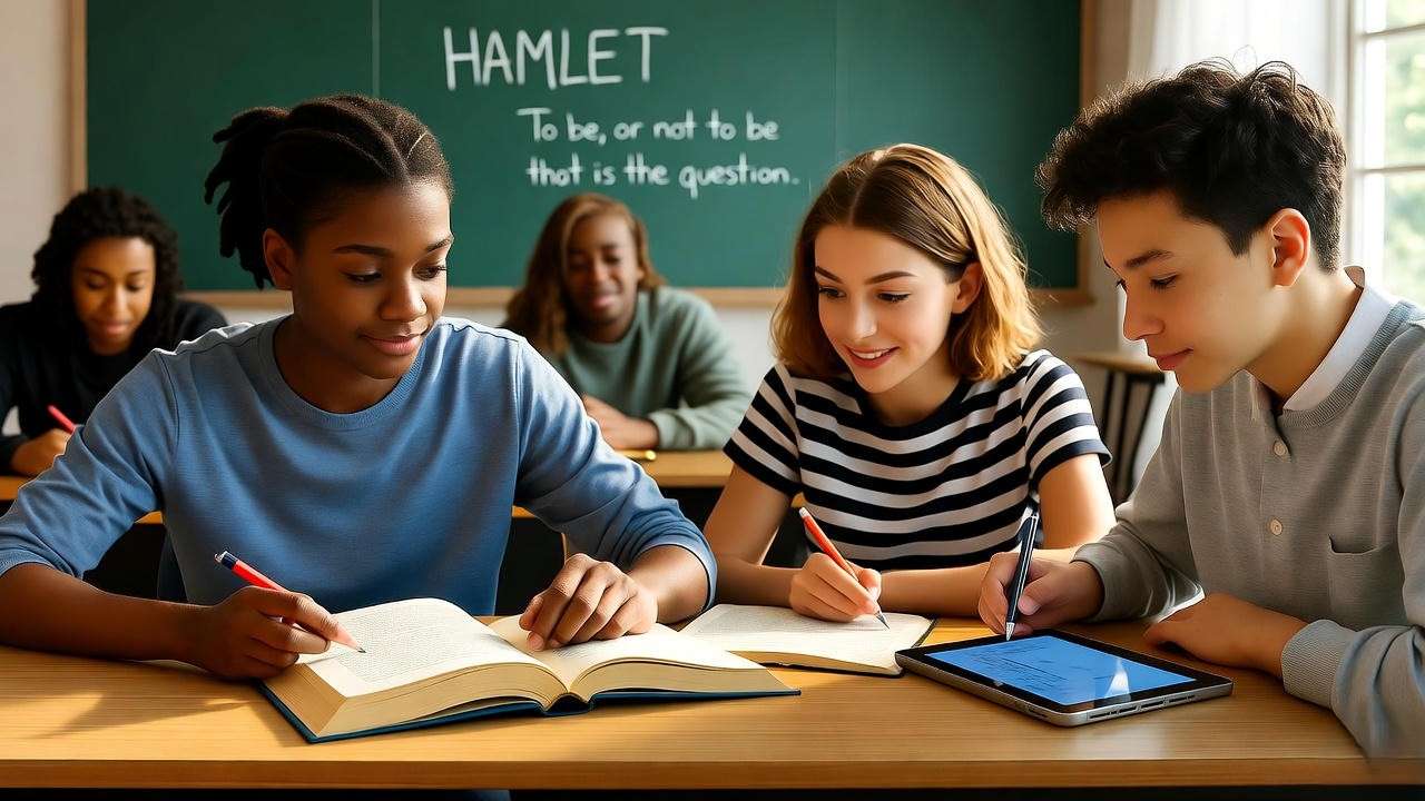 Diverse students reading Shakespeare in a modern classroom, emphasizing Hamlet's age relevance for learners.