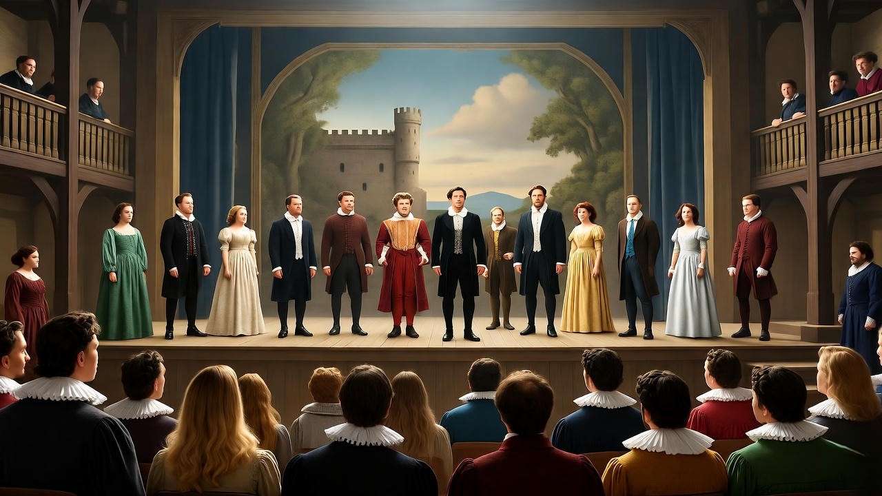 Elizabethan theater with actors of different ages, showcasing age themes in Shakespeare's works.