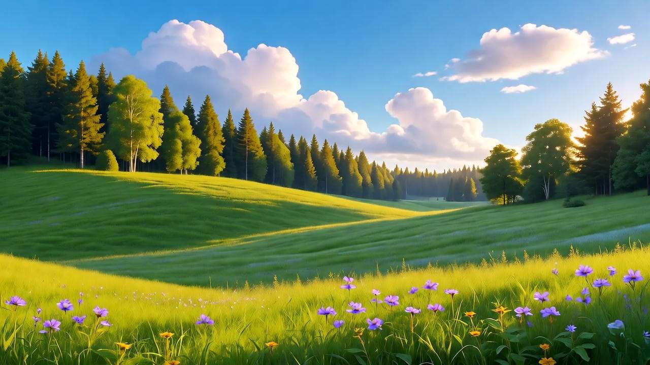 Serene meadowland landscape in Carmel Hamlet NY with rolling hills and wildflowers at golden hour