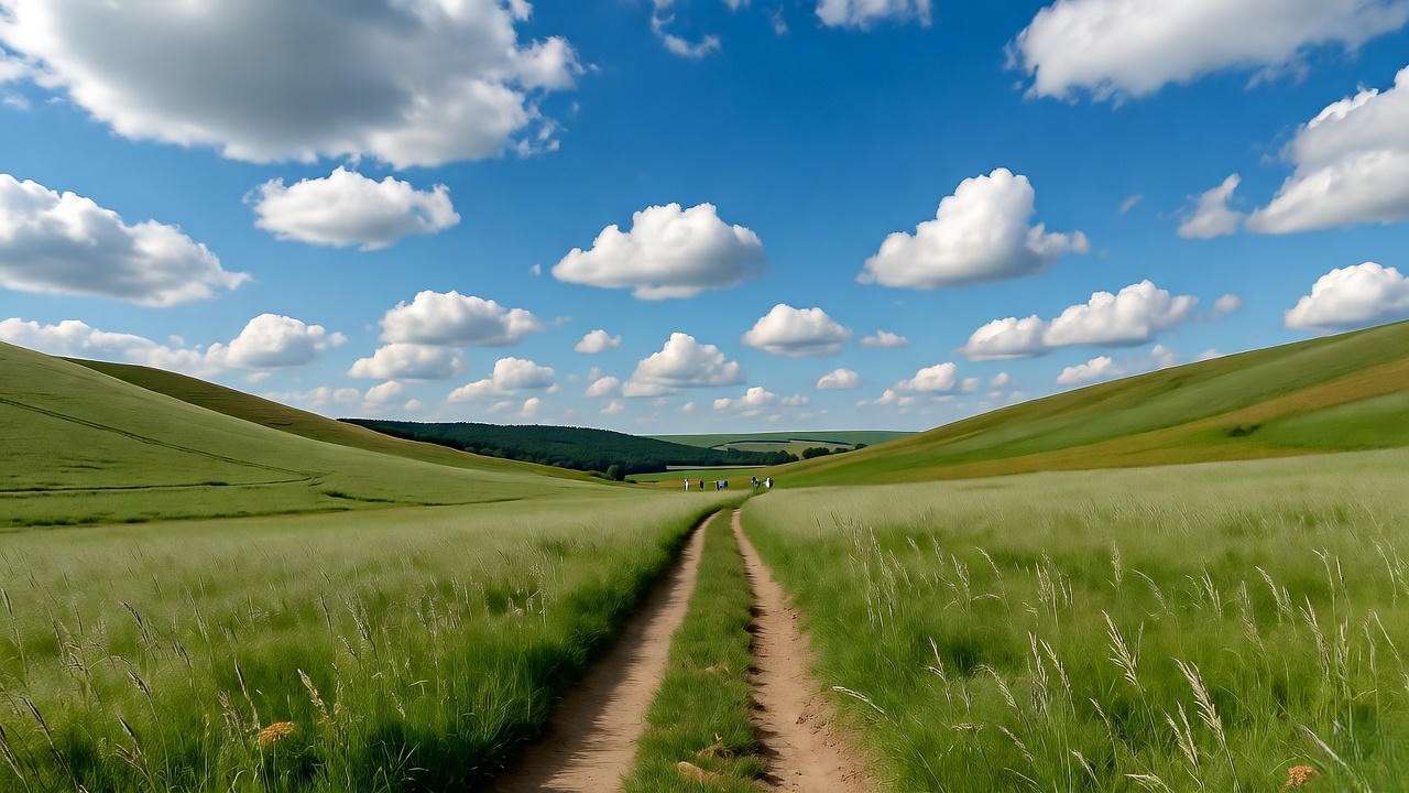 Guided nature walk trail in Meadowland of Carmel NY with green hills and walkers